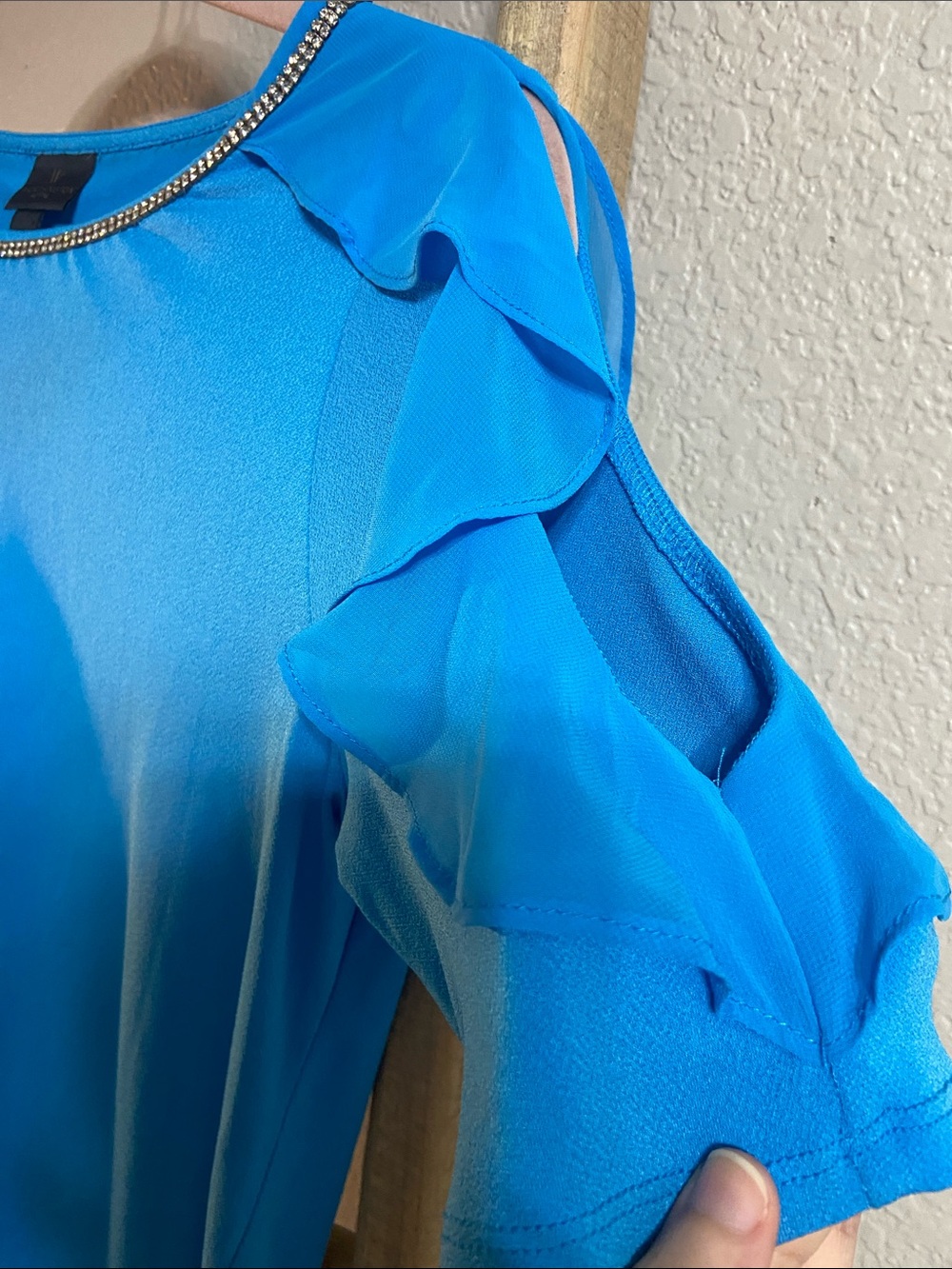 Crystal-Trim Ruffle Sleeve Top - Blue - Picture 4 of 4